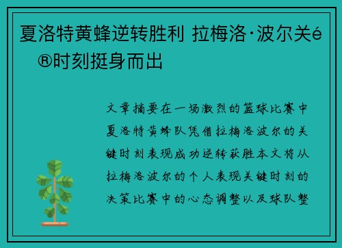 夏洛特黄蜂逆转胜利 拉梅洛·波尔关键时刻挺身而出