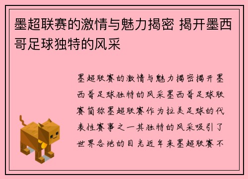 墨超联赛的激情与魅力揭密 揭开墨西哥足球独特的风采
